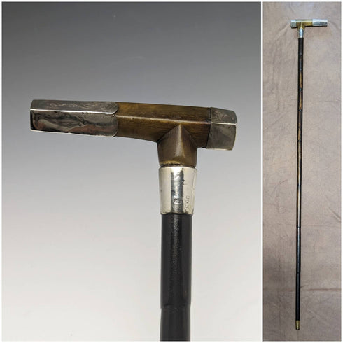 英国アンティーク 紳士用 バンブーステッキ 杖 純銀装飾 ホーンクラッチハンドル 91cm